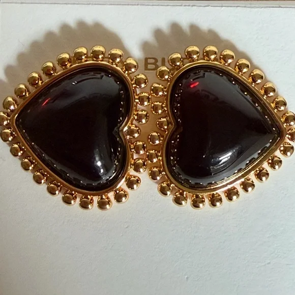 Tory Burch Gold and dark Burgundy logo  Heart Earrings - Picture 4 of 9